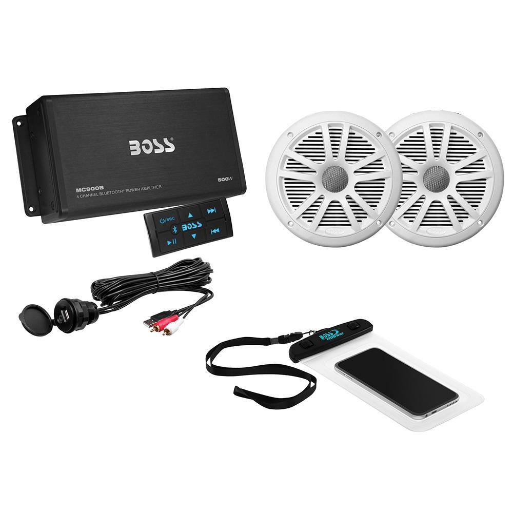 Boss Audio ASK902B.6 Package w/4-Channel Bluetooth Amplifier w/Remote, 2 MR6W 6.5" White Speakers, USB/AUX Input  Waterproof Case [ASK902B.6] - Bulluna.com