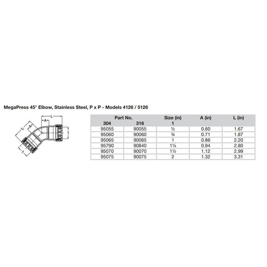 Viega MegaPress 1/2" 45 Stainless Steel 304 Elbow - Double Press Connection - Smart Connect Technology [95055]