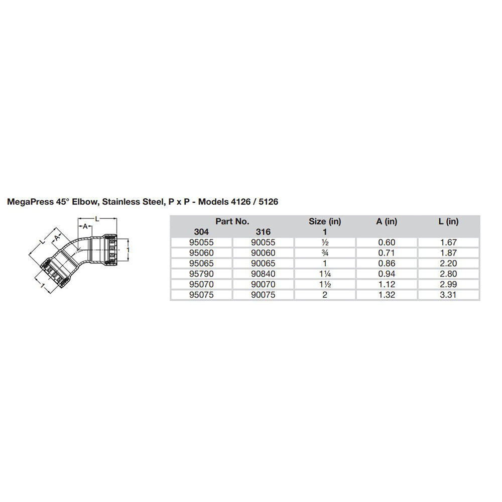 Viega MegaPress 2" 45 Stainless Steel 304 Elbow - Double Press Connection - Smart Connect Technology [95075]