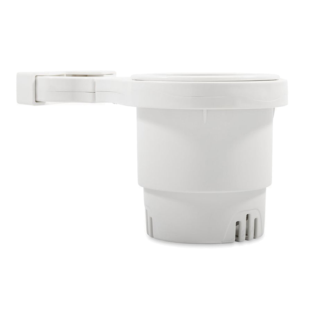 Camco Clamp-On Rail Mounted Cup Holder - Small for Up to 1-1/4" Rail - White [53086] - Bulluna.com